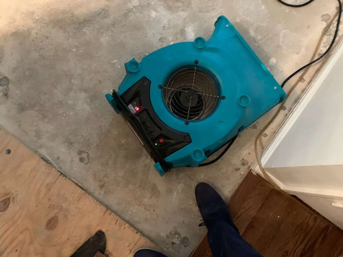 Air mover drying subfloor during Commercial Water Damage Restoration in Anaconda-Deer Lodge County